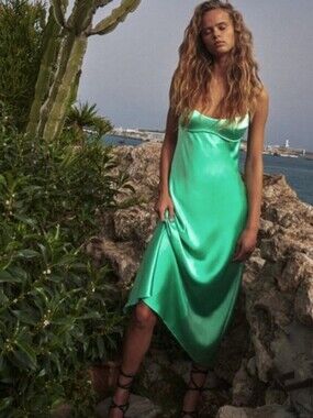 NWT Zara Satin Effect Women's Midi Dress Adjustable Straps XX-Large Green Viral